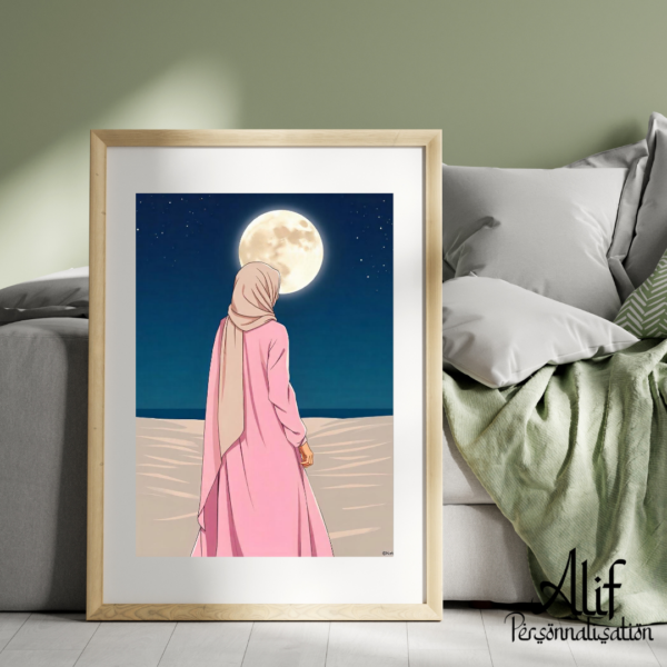 Affiche Illustration Femme sur la Plage avec la Lune