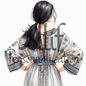Une femme vue de dos cheveux noirs robe de maison