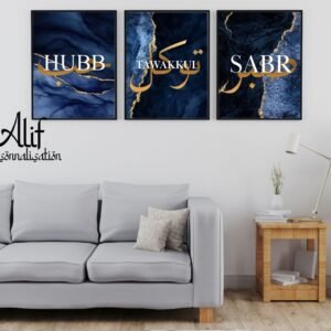 Trio d’affiches islamiques marbré bleu et noir – Hubb, Sabr & Tawakkul (A4) - PDF