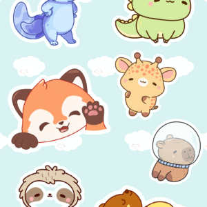 Stickers animaux kawaii – Planche de 7 autocollants illustrés