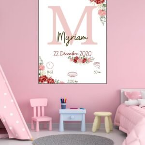 Affiche naissance personnalisée fille – Initiale & fleurs rouges (A4 PDF ou impression)