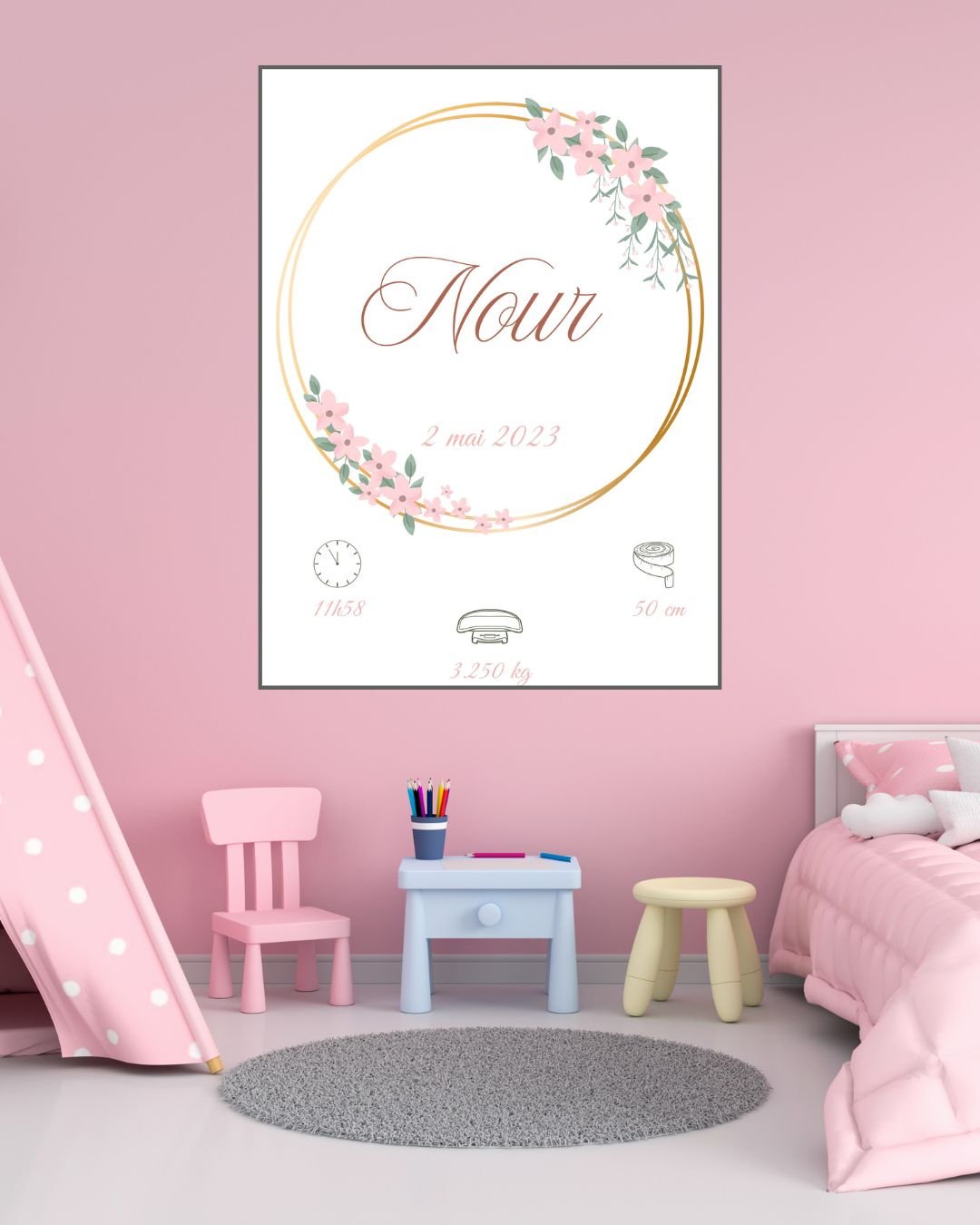 Affiche naissance personnalisée fille – Montgolfière violet