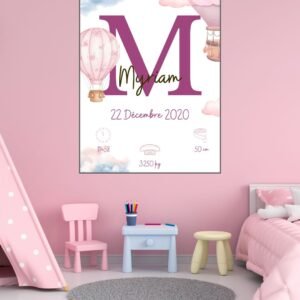 Affiche naissance personnalisée fille – Montgolfière violet (A4)