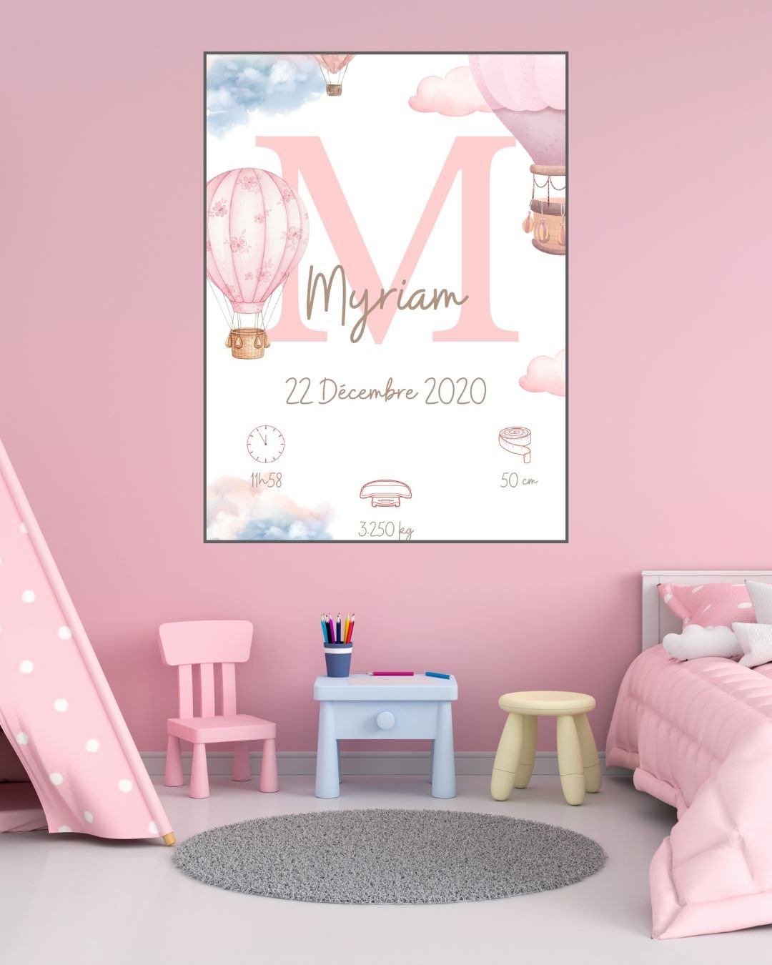 Affiche naissance personnalisée fille montgolfière rose – Prénom & détails de naissance (A4)