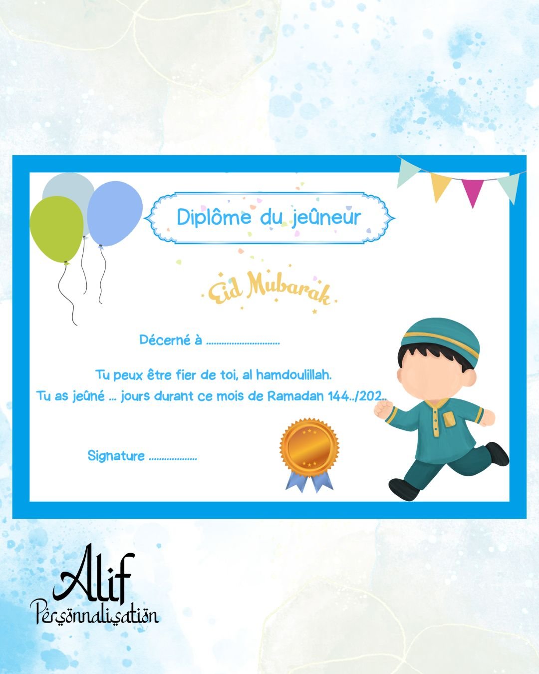 Diplôme du Jeûneur – Version Garçon (Bleu)