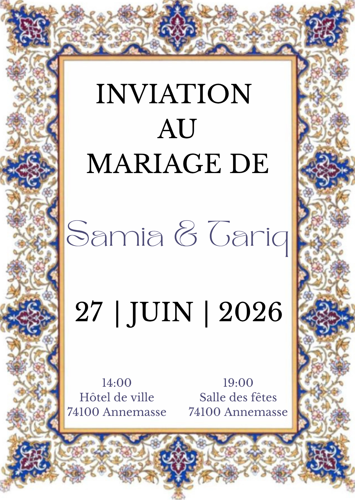 Faire-part mariage oriental bleu royal élégant personnalisé