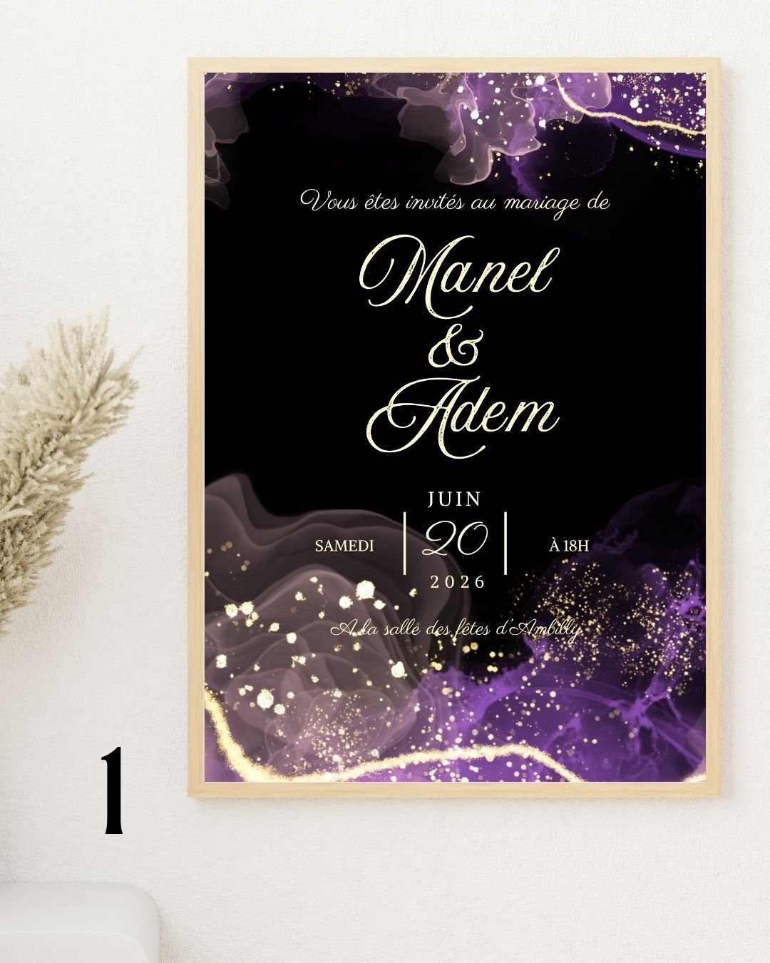 Faire-Part de Mariage Marbré Violet & Or – Modèle 1 ou 2 (PDF ou Impression A5)