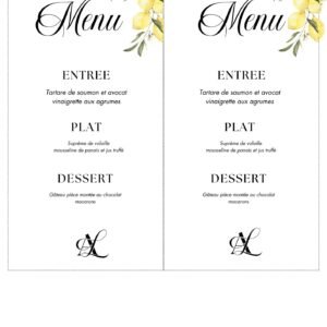 Menu mariage personnalisé – Élégant floral citron (PDF à imprimer)