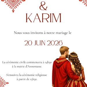 Faire-part mariage oriental rouge personnalisé – Couple illustration élégante (PDF)