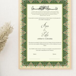 Certificat de mariage islamique vert personnalisé – Nikkah (PDF à imprimer)
