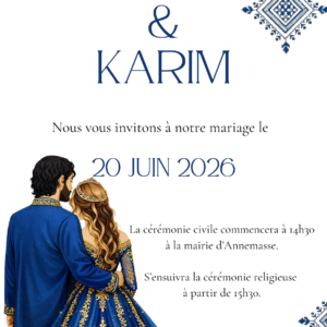 Faire-part mariage oriental bleu et or personnalisé – Invitation élégante couple (PDF)