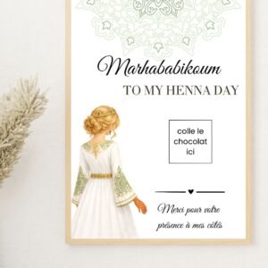 Carte chocolat Laylat al Henna personnalisée – Arabesque verte (PDF)