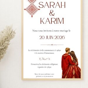 Faire-part mariage oriental rouge personnalisé – Couple illustration élégante (PDF)
