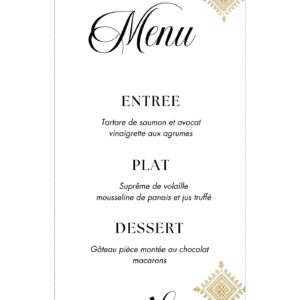 Menu mariage oriental personnalisé élégant et doré