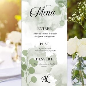 Menu mariage eucalyptus aquarelle personnalisé PDF