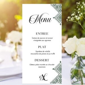 Menu mariage oriental vert personnalisé PDF