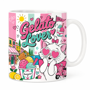 Mug Gelato Lover en céramique 300 ml avec illustration d'un chat gourmand et impression par sublimation