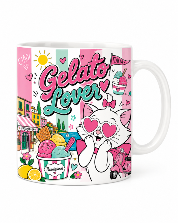 Mug Gelato Lover en céramique 300 ml avec illustration d'un chat gourmand et impression par sublimation