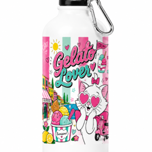 Gourde Gelato Lover en aluminium 400 ml avec illustration d'un chat inspirée de l'Italie et imprimée par sublimation
