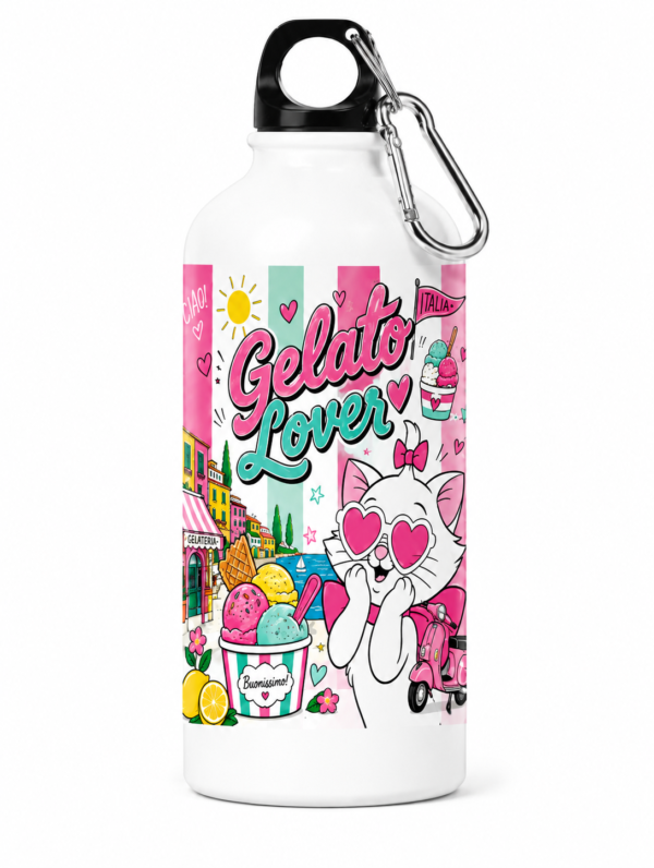 Gourde Gelato Lover en aluminium 400 ml avec illustration d'un chat inspirée de l'Italie et imprimée par sublimation