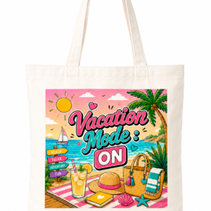 Tote Bag Vacation Mode ON en polyester toucher coton avec impression DTF inspirée des vacances et de la plage2
