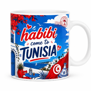 Mug Habibi Come to Tunisia en céramique 300 ml avec illustration inspirée des paysages et de l'architecture tunisienne