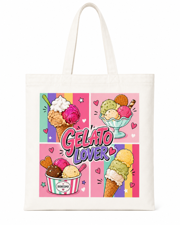 Tote Bag Gelato Lover en polyester toucher coton avec impression DTF de glaces colorées