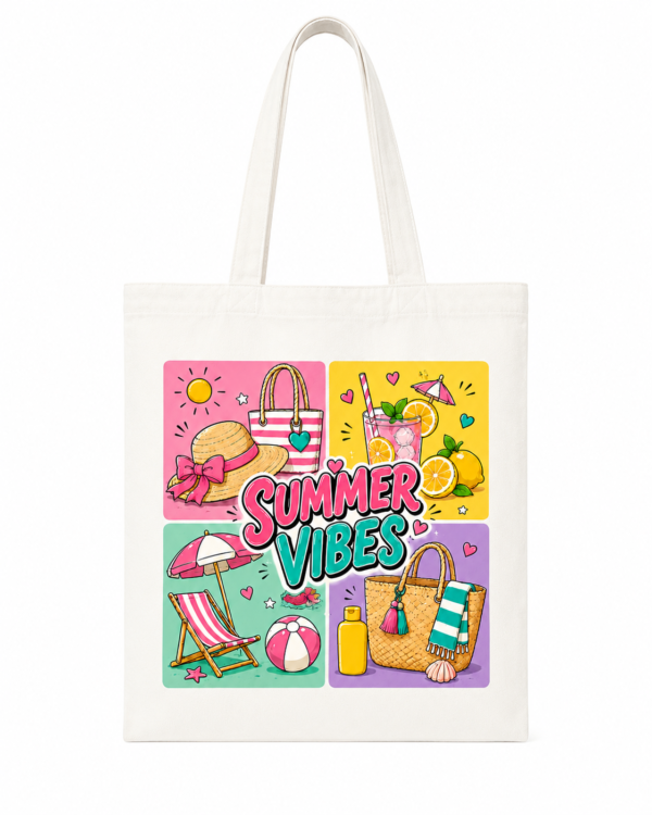 Tote Bag Summer Vibes en coton avec impression DTF colorée sur le thème de l'été