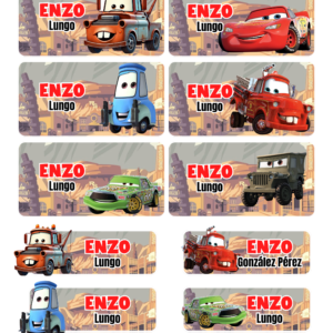 Kit d'étiquettes scolaires personnalisées Cars comprenant 46 stickers pour la rentrée scolaire.