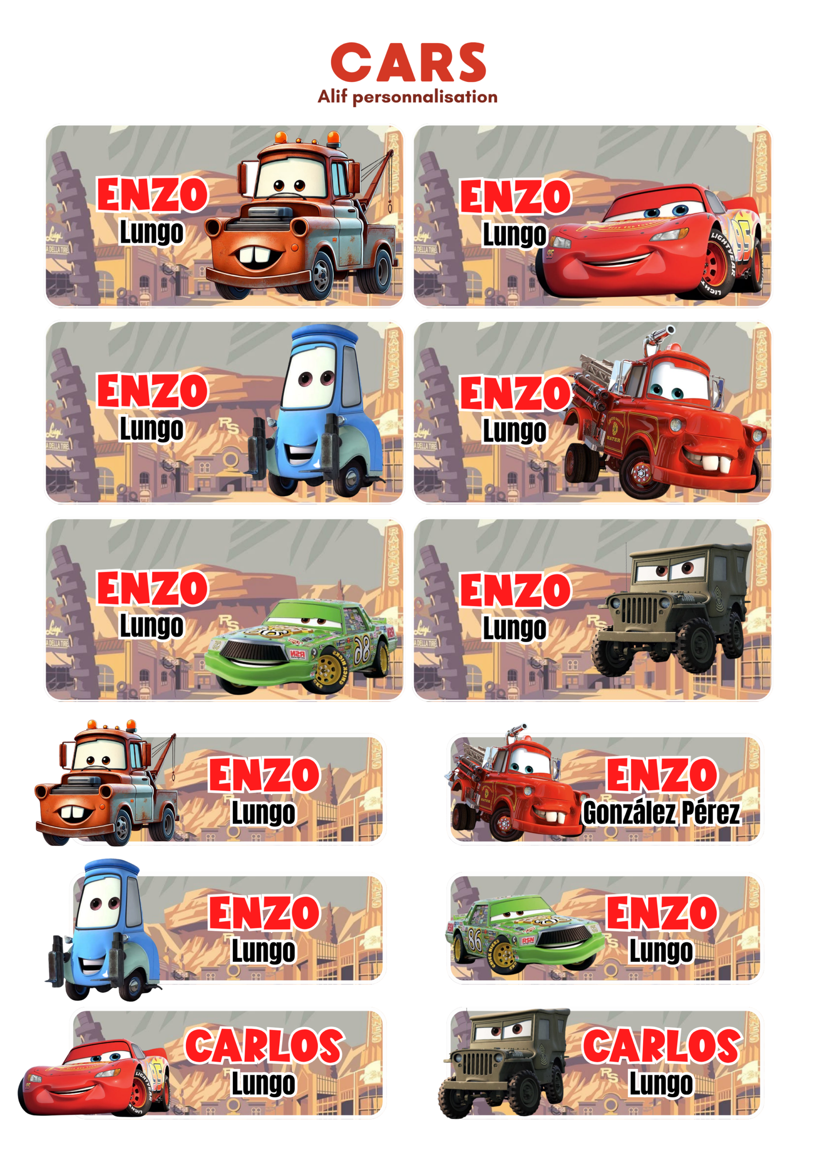 Kit d'étiquettes scolaires personnalisées Cars comprenant 46 stickers pour la rentrée scolaire.