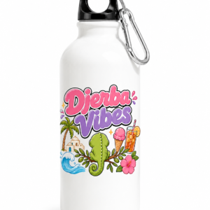 Gourde Djerba Vibes en aluminium 400 ml avec illustration inspirée de l'île de Djerba, des palmiers, de la mer et de l'ambiance estivale, imprimée par sublimation.