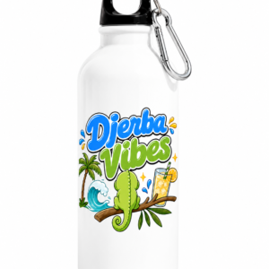 Gourde Djerba Vibes en aluminium 400 ml avec illustration inspirée de Djerba, des palmiers, de la mer et de l'ambiance méditerranéenne, imprimée par sublimation.