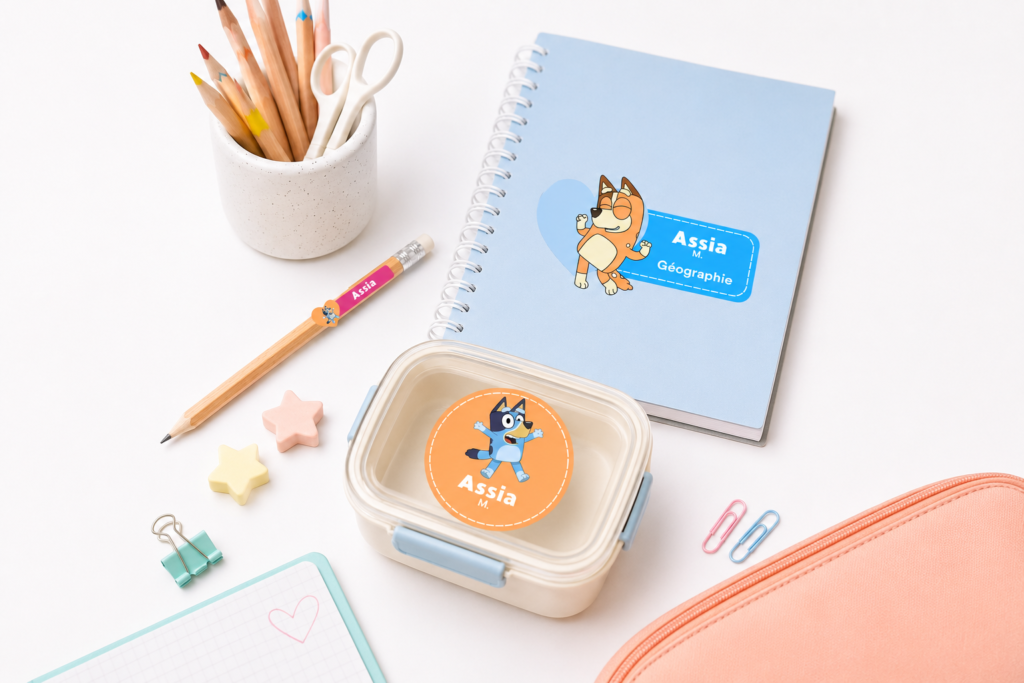 Kit complet d'étiquettes scolaires personnalisées Bluey pour la rentrée.