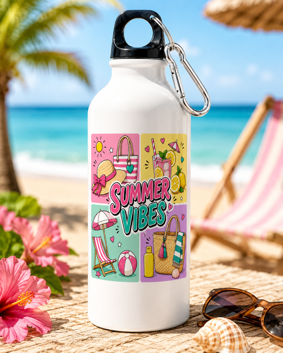 Gourde Summer Vibes en aluminium 400 ml avec illustration estivale inspirée de la plage, des vacances et du soleil, imprimée par sublimation
