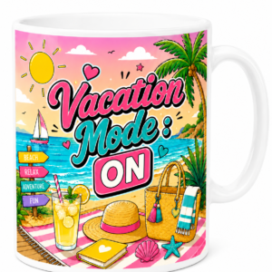 Mug Vacation Mode ON en céramique avec illustration estivale représentant une plage, un palmier, une citronnade, un cabas et des accessoires de vacances