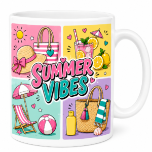 Mug Summer Vibes en céramique avec illustration estivale représentant la plage, un chapeau, une citronnade, un transat et des accessoires de vacances