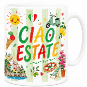 Mug Ciao Estate en céramique avec illustration estivale inspirée de l'Italie, de la dolce vita, des citrons, de la Vespa et des vacances