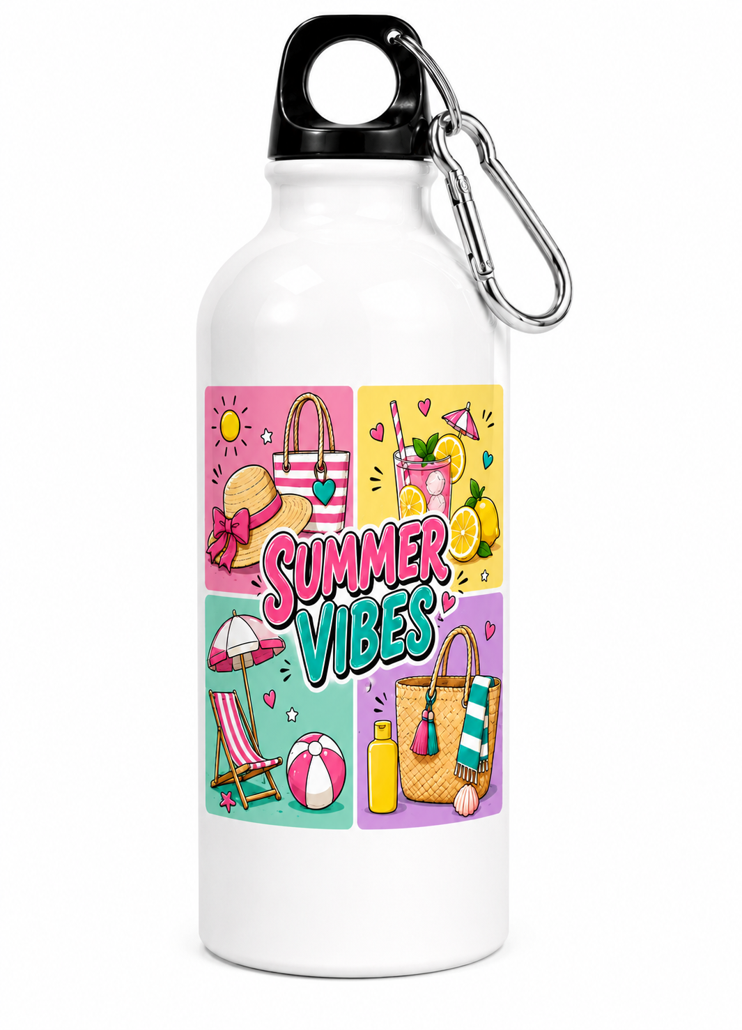 Gourde Summer Vibes en aluminium 400 ml avec illustration estivale inspirée de la plage, des vacances et du soleil