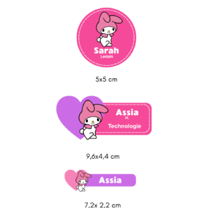 Kit d'étiquettes scolaires personnalisées Sanrio avec 10 grandes étiquettes, 30 petites et 6 rondes.