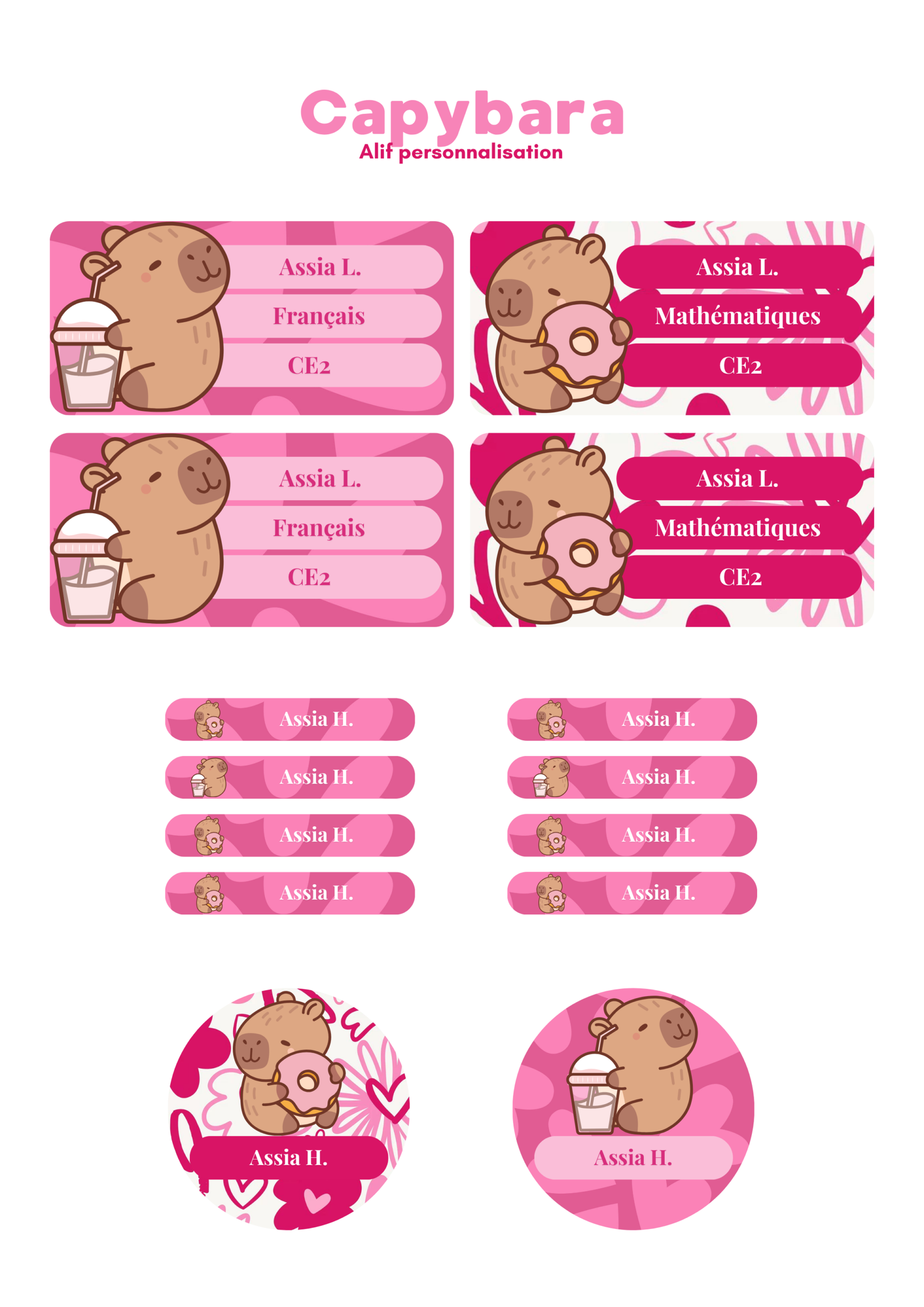 Kit d'étiquettes scolaires personnalisées Capybara comprenant 46 stickers pour la rentrée scolaire.