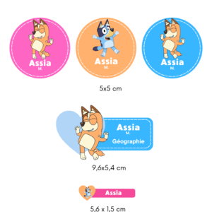 Kit d'étiquettes scolaires personnalisées Bluey avec 10 grandes étiquettes, 30 petites et 6 rondes.