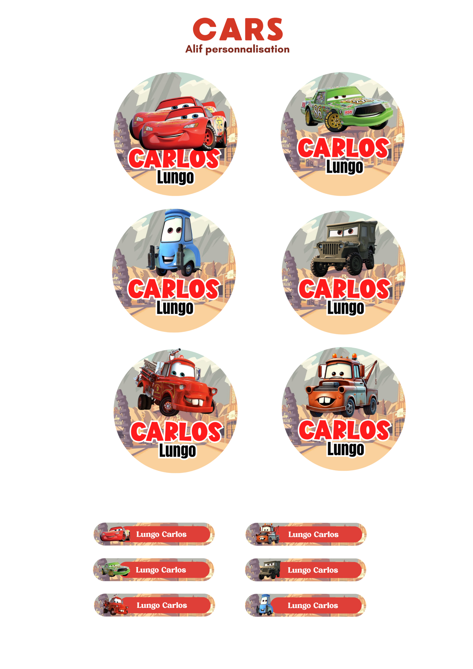 Étiquettes rondes Cars personnalisées pour gourde et boîte à goûter.