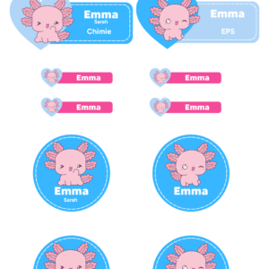 Kit d'étiquettes scolaires personnalisées Axolotl comprenant 46 stickers pour la rentrée scolaire.