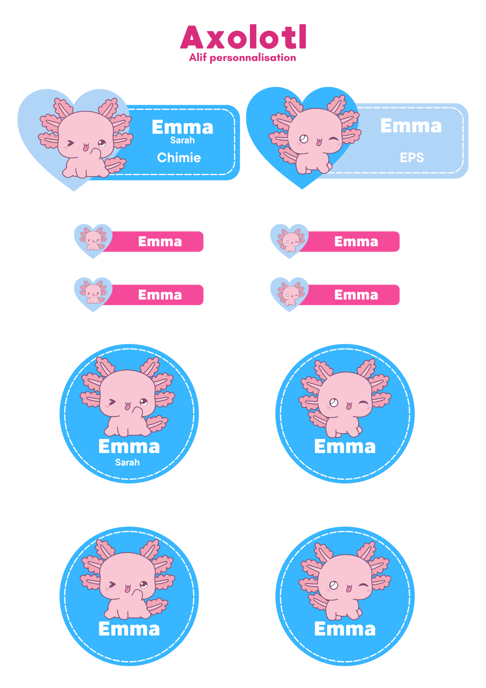 Kit d'étiquettes scolaires personnalisées Axolotl comprenant 46 stickers pour la rentrée scolaire.