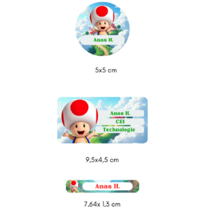 Kit d'étiquettes scolaires personnalisées Toad avec 10 grandes étiquettes, 30 petites et 6 rondes.