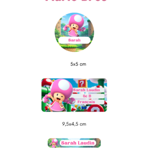 Kit d'étiquettes scolaires personnalisées Toad rose avec 10 grandes étiquettes, 30 petites et 6 rondes.