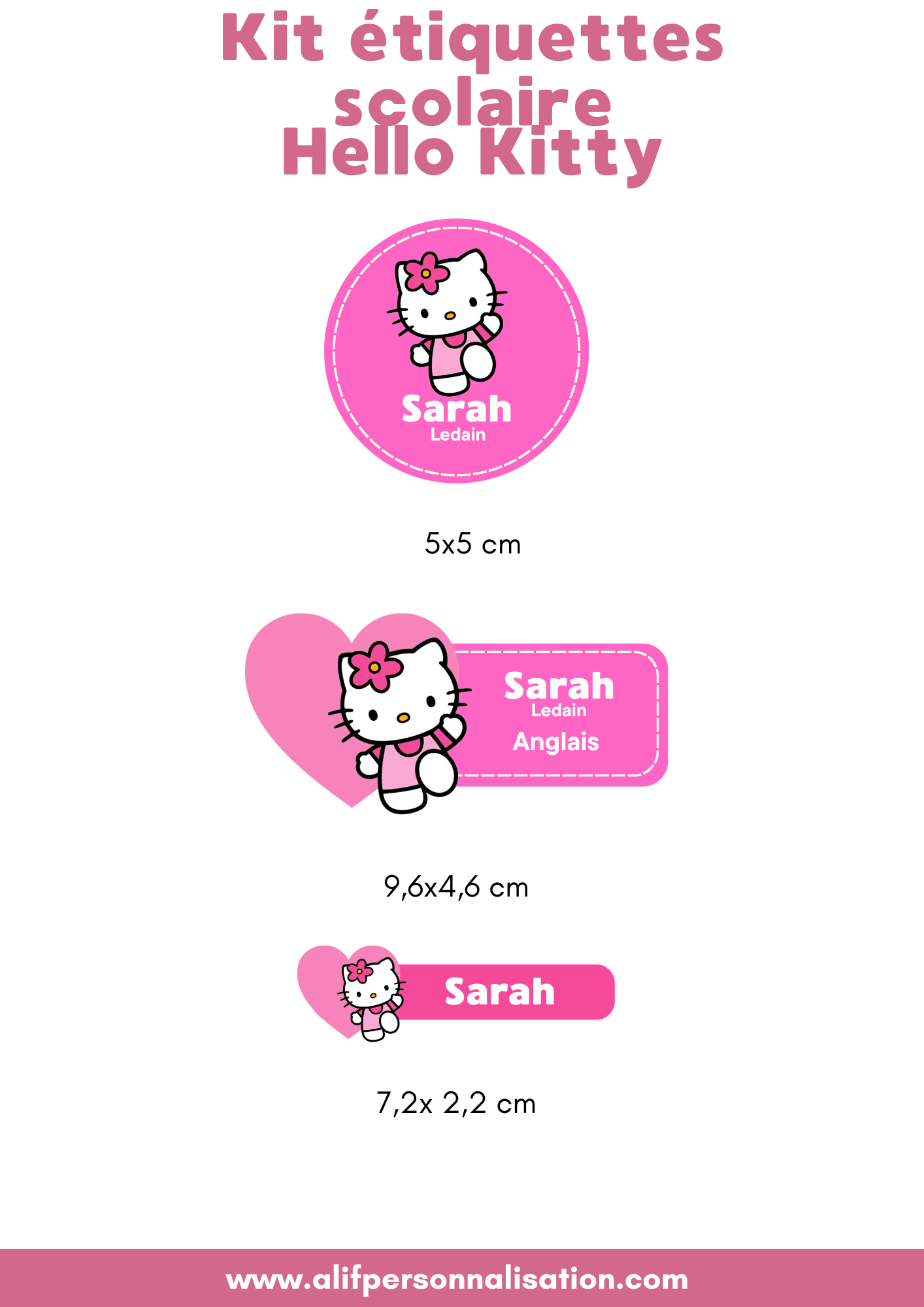Kit d'étiquettes scolaires personnalisées Hello Kitty avec 10 grandes étiquettes, 30 petites et 6 rondes.