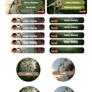 Kit d'étiquettes scolaires personnalisées Jurassic Park avec 10 grandes étiquettes, 30 petites et 6 rondes.