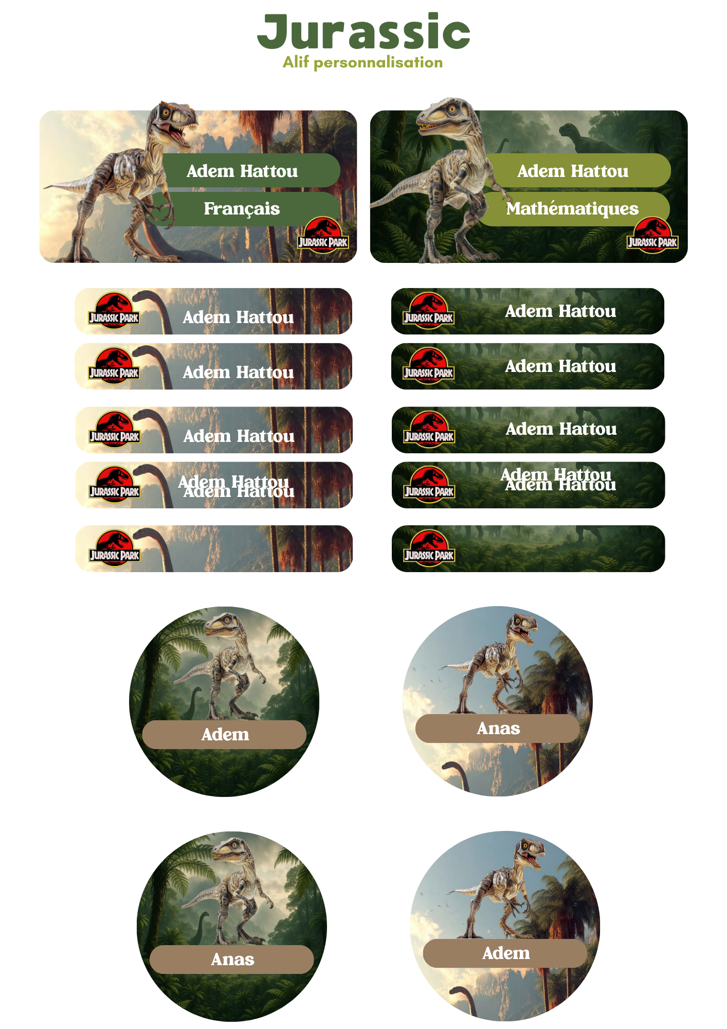 Kit d'étiquettes scolaires personnalisées Jurassic Park avec 10 grandes étiquettes, 30 petites et 6 rondes.