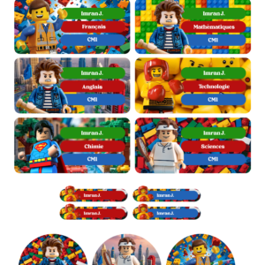 Kit d'étiquettes scolaires personnalisées Lego comprenant 46 stickers pour la rentrée scolaire.